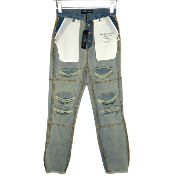 Maniere De Voir Denim - Manier De Voir 8 NEW Distressed Inside Out Cotton Jeans Blue High Rise Grunge